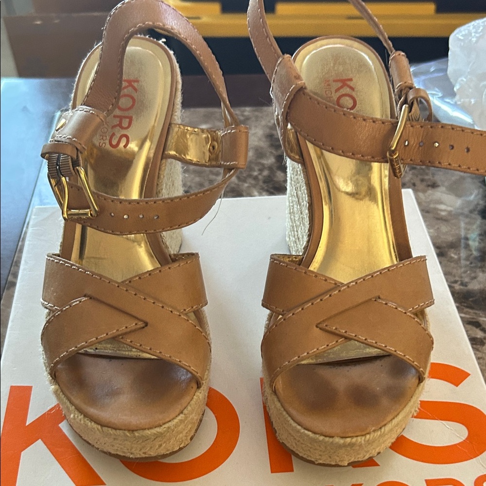 Michael Kors Brown Leather Wedge Sandals